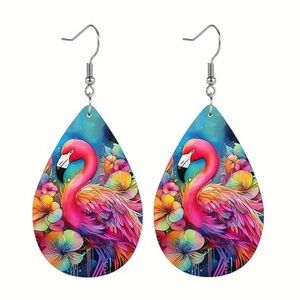 Flamingo Vegan Leather Teardrop Earrings Flowers Pink Blue Purple